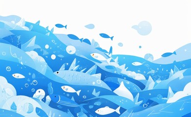 Minimalistic Flat Illustration of a School of Fish Swimming in the Ocean: Soft Blue Tones with Silver Ice Crystals on White Background