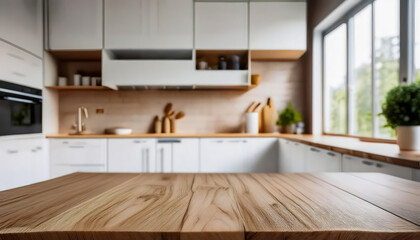 Fototapeta premium A blurred view of a modern kitchen with white furniture and a wooden table, creating a soft, contemporary atmosphere perfect for home and interior design visuals