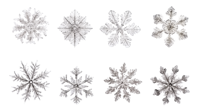 Set of diverse snowflakes isolated on white background, detailed macro photography of real snow crystals showcasing intricate patterns and unique shapes, winter nature close-up.