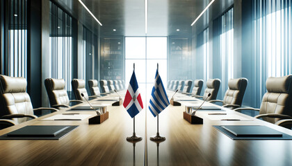 A modern conference room with Dominican Republic and Greece flags on a long table, symbolizing a bilateral meeting or diplomatic discussions between the two nations.
