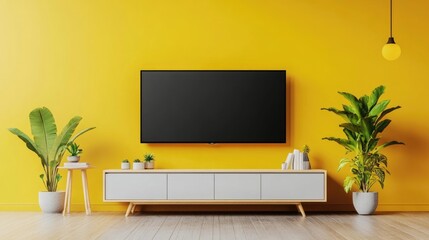 Contemporary Living Room with Television on Modern Cabinet and Green Plant in Stylish Interior