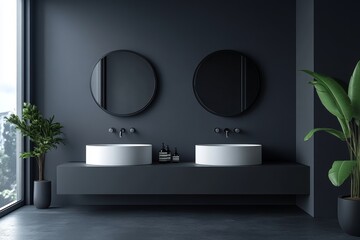Modern bathroom interior with dark walls, round mirrors, and cylindrical sinks, minimalistic design, light background, home decor concept.  3D, Generative AI