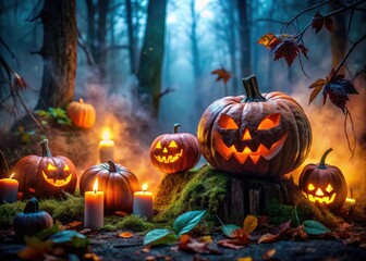 Eerie Halloween Scene with Creepy Pumpkins, Dark Forest, Foggy Atmosphere and Spooky Decorations