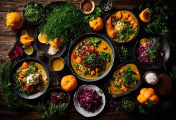 vibrant colorful plant based dishes artfully arranged stunning visual impact, cuisine, food, gourmet, culinary, fresh, freshness, vegetable, salad, plate