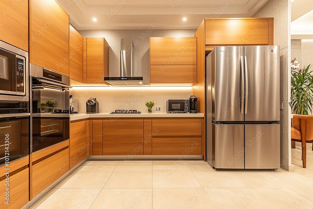 Wall mural Modern home kitchen interior with bar counter and fridge, window. Empty wall, Generative AI