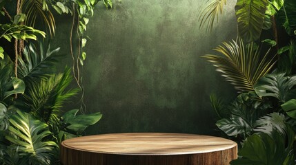 Tropical Beauty Showcase on Wooden Podium with Green Background