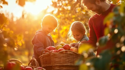 A family gathers apples in a basket during a sunny autumn day
