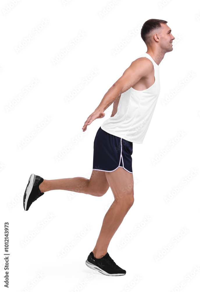 Poster Man in sportswear running on white background