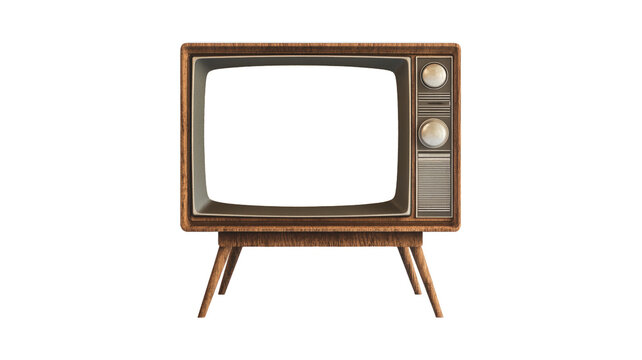 Vintage mid-century wooden television set with empty screen, retro design classic from the 1960s, isolated on white background, iconic home entertainment technology from the past.