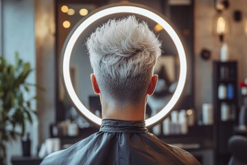 Back view of young man with bleached hair facing ring light in beauty salon and taking photos, Generative AI