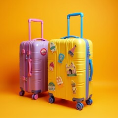 Two suitcases standing on orange background ready for summer vacation