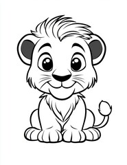 Cute cartoon style simple line art drawing of an animal coloring page for kids, lion cub, no shading or grayscale, white background, clean lines