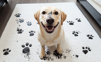 Labrador retriever leaving muddy paw prints on carpet