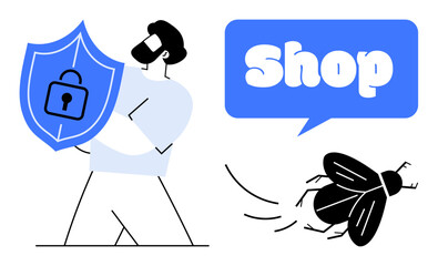 Man holding a shield with a padlock, protecting a shop icon from a bug threat. Ideal for e-commerce, cybersecurity, online shopping, data protection, digital security. Outline vector, blue and black