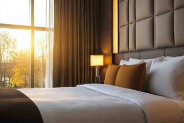 Obraz premium Cozy hotel bedroom interior with work and sleep zone, panoramic window, Generative AI