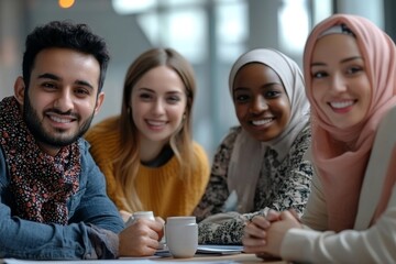 Portrait of creative multi-ethnic team collaborating on project during meeting in office, copy space, Generative AI
