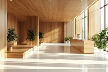 Fototapeta premium Modern office interior with pc computers on tables in row, panoramic window, Generative AI