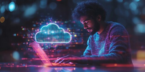 Naklejka premium Man typing on laptop, cloud service hologram and files backup and sync, Generative AI