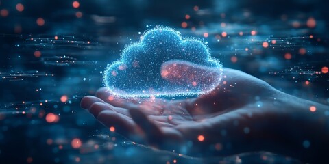 Man finger touch cloud service hologram and global data backup. Copy space, Generative AI