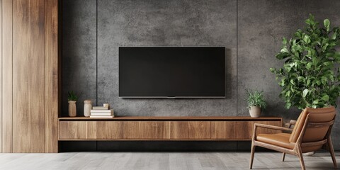 Minimalist Living Room with Wooden TV Cabinet and Armchair Against Concrete Wall