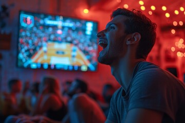 Obraz premium Group of sports fans watching basketball match at home on TV and cheering, Generative AI