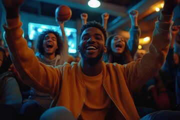 Group of sports fans watching basketball match at home on TV and cheering, Generative AI
