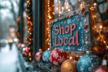 A wooden sign with the words "Shop Local" displayed in a storefront window decorated with Christmas ornaments and lights.