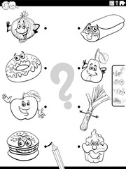 match cartoon food object characters activity coloring page