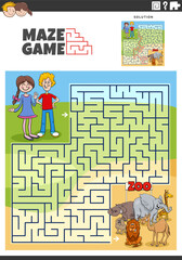 maze game activity with cartoon teens and zoo animals