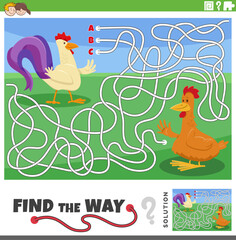 maze activity game with cartoon hen and rooster farm animal characters