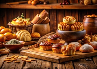 Fototapeta premium Elegant and Inviting Khong Guan Bakery Products Display on a Rustic Wooden Table with Natural Lighting