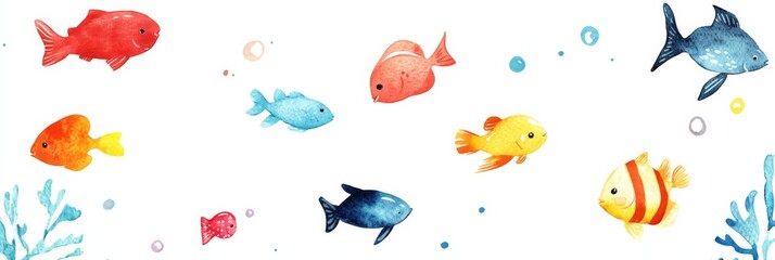 Watercolor Illustration of a Small School of Fish Swimming in the Ocean