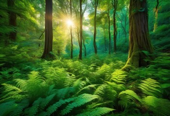 Fototapeta premium majestic forest landscape featuring lush sun drenched dappled light creating serene natural scene, scenery, greenery, foliage, sunlight, leaves, trees