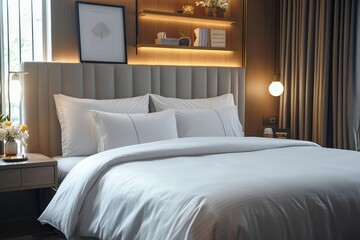 Hotel bedroom interior with empty work table and bed, shelf and decoration, Generative AI