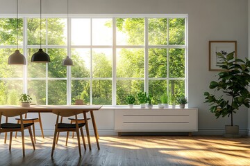 Modern home living room interior with rest and dining zone, mockup frame, Generative AI