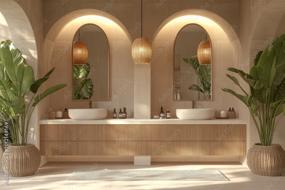 Wall mural Modern bathroom with wooden cabinets, dual sinks, and arched mirrors, light background. Contemporary home or hotel concept. 3D Rendering, Generative AI