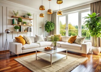 Elegant and Spacious White Sofa in Modern Living Room with Cozy Decor and Natural Light Accents