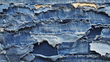 A textured collage of torn denim fabric in various shades of blue.