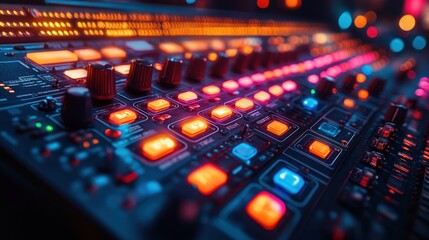 Close-up of a sound mixing console with illuminated buttons and knobs.