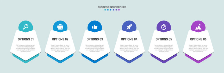 Horizontal progress bar featuring 6 arrow-shaped elements, symbolizing the six stages of business strategy and progression. Clean timeline infographic design template. Vector for presentation