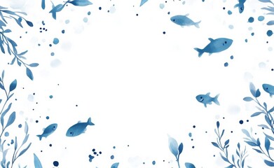 Fototapeta premium Vector Illustration of Small Fish Swimming on White Background: Cute and Simple Design in White and Blue Tones with Watercolor Effect