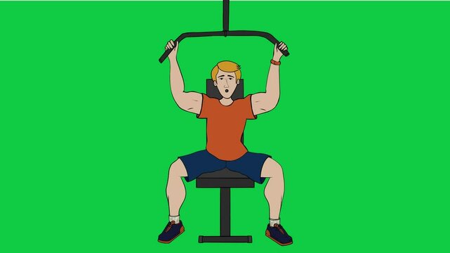 Looped 2D Animation of Man Training on Lat Pulldown Machine with removable background - Fitness Exercise

