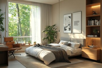 Obraz premium Stylish bedroom interior with sleep and workspace, lounge zone near window, Generative AI