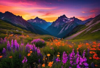 majestic mountain landscapes bathed sunset glow vibrant skies silhouetted peaks creating stunning natural scene, colors, sky, scenery, horizon, outdoors