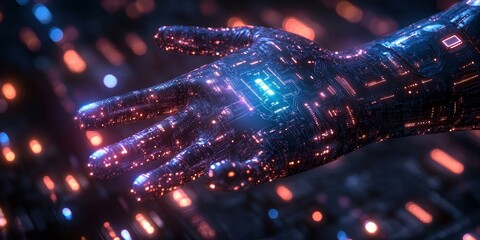 Robot finger touch digital AI assistant hologram with abstract circuit lines, Generative AI