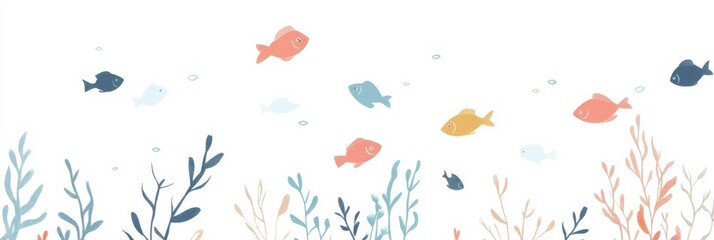 Cute Small Fish Swimming on White Background: Simple Ion Style Illustration in Pastel Tones for a Fresh and Whimsical Look