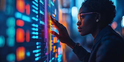 Black man finger touch forex diagrams, stock market data with chart, Generative AI