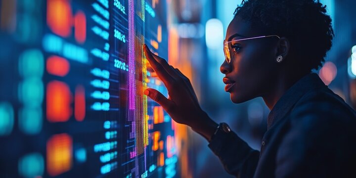 Black man finger touch forex diagrams, stock market data with chart, Generative AI - Powered by Adobe