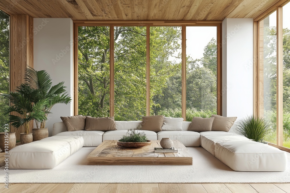 Wall mural Modern living room with wooden accents and large windows. 3D Rendering, Generative AI