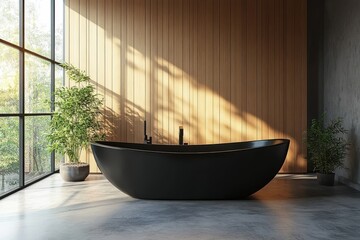 Modern minimalist bathroom with textured walls and floating vanity. 3D Rendering, Generative AI